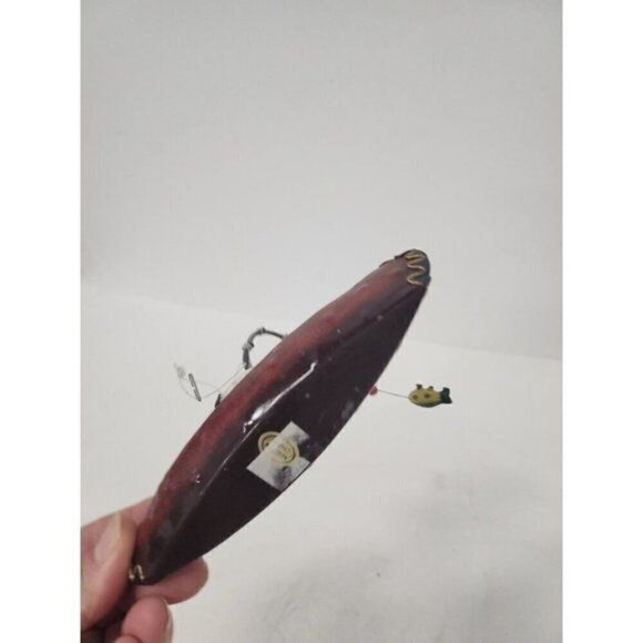 VINTAGE Christmas Tree Ornament Fishing Snowman In Metal Boat Fisherman Decor 6" - Picture 6 of 8